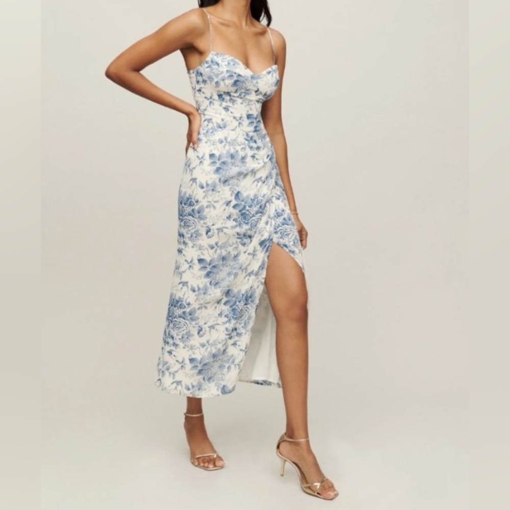 Reformation White and Blue Slit Midi Sundress